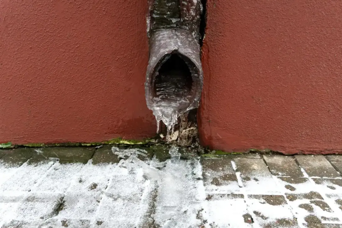Water leaking from a neglected gutter joint with plant growth in Harrison Township, NJ